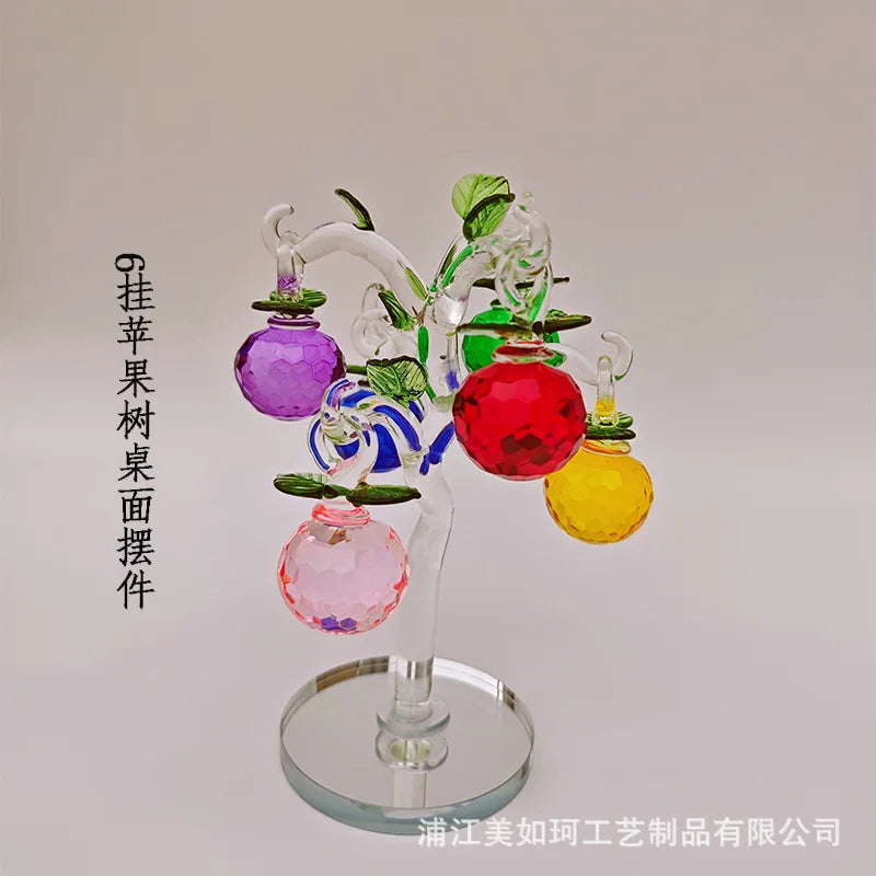 décoration arbre fruits pommes raisins feuilles verre transparent base métal argente