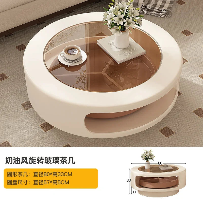 table basse moderne verre transparent plateau rotatif compartiment trois sections couleur beige marron clair