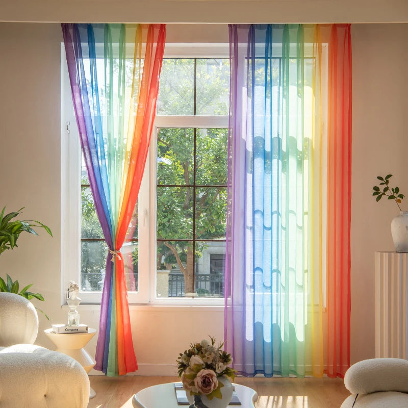 rideau moderne rayures arc ciel transparent polyester bleu vert jaune rouge violet élastique salon