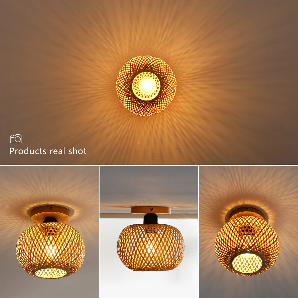 lampe tissage bambou moderne brun clair éclairage quotidien plafonnier led opacité vis facile