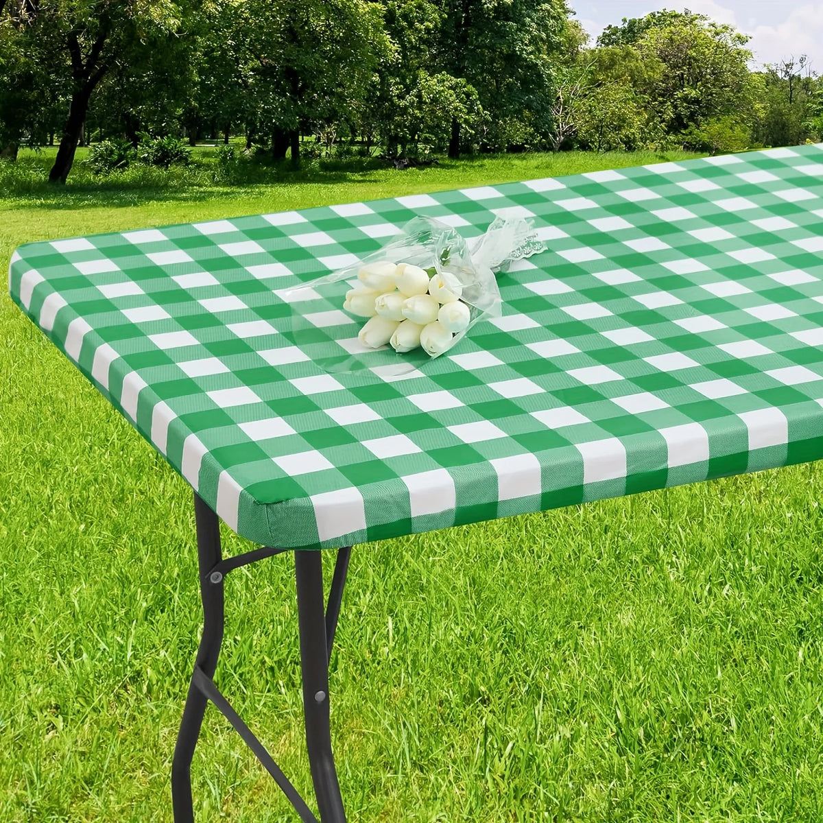 nappe table imperméable vert blanc carreaux moderne clips fixation camping usage extérieur