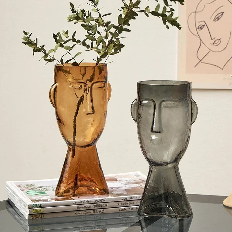vase verre moderne marron clair visage stylisé minimalisteintérieur décoration plante artificielle