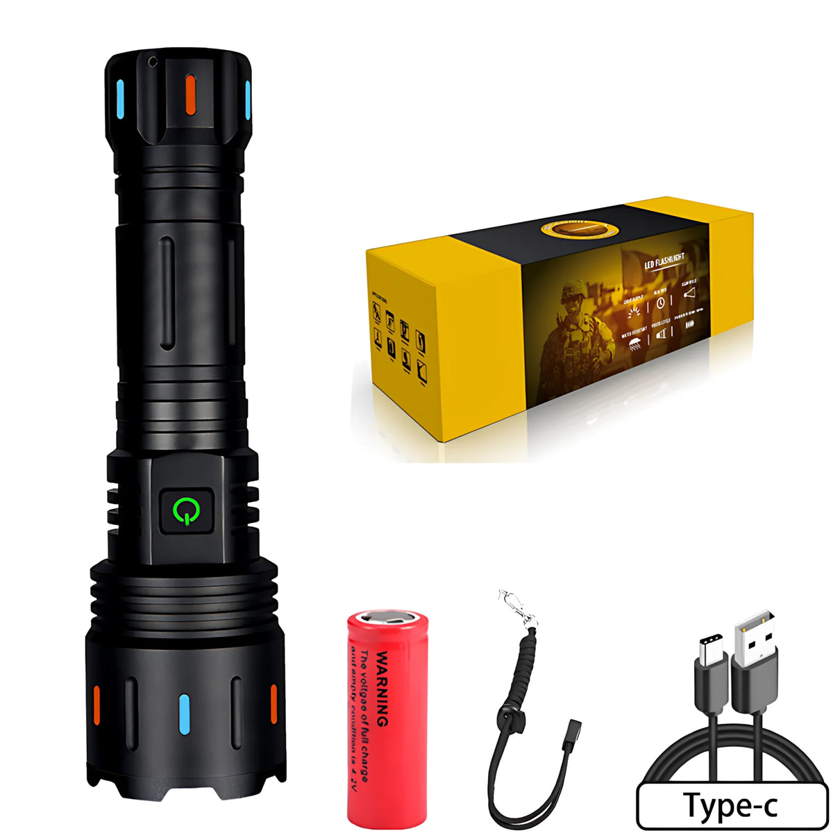 lampe torche tactique noire 2000 lumens 30w 1500m étanche ipx6 zoom led rechargeable usb