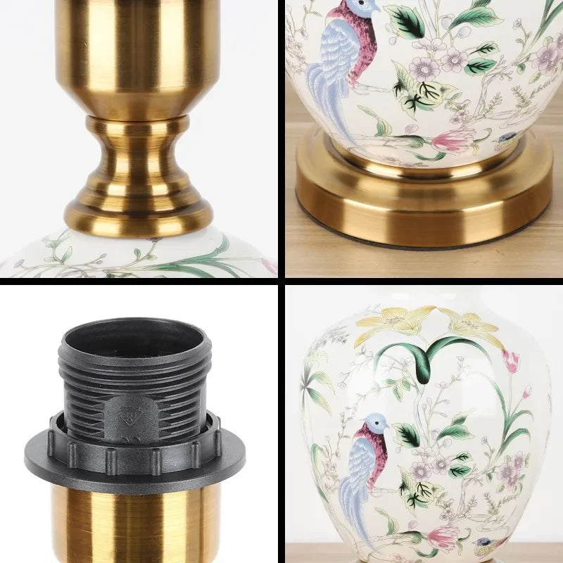lampe table moderne abat jour fleurs oiseaux classique blanc doré vintage