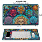 tapis jeu cartes artiste vitrail crâne fleurs feuilles symboles bleu vert orange rose noir