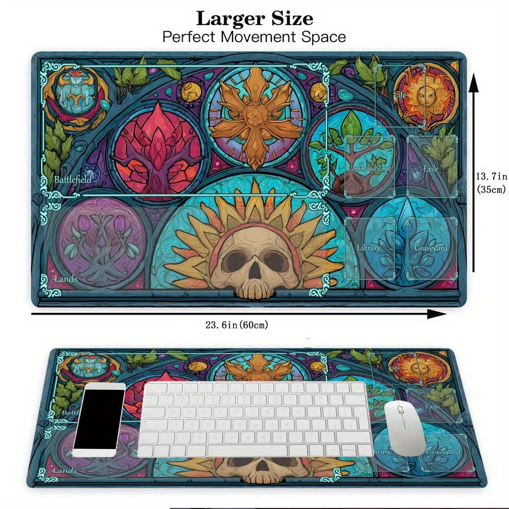 tapis jeu cartes artiste vitrail crâne fleurs feuilles symboles bleu vert orange rose noir