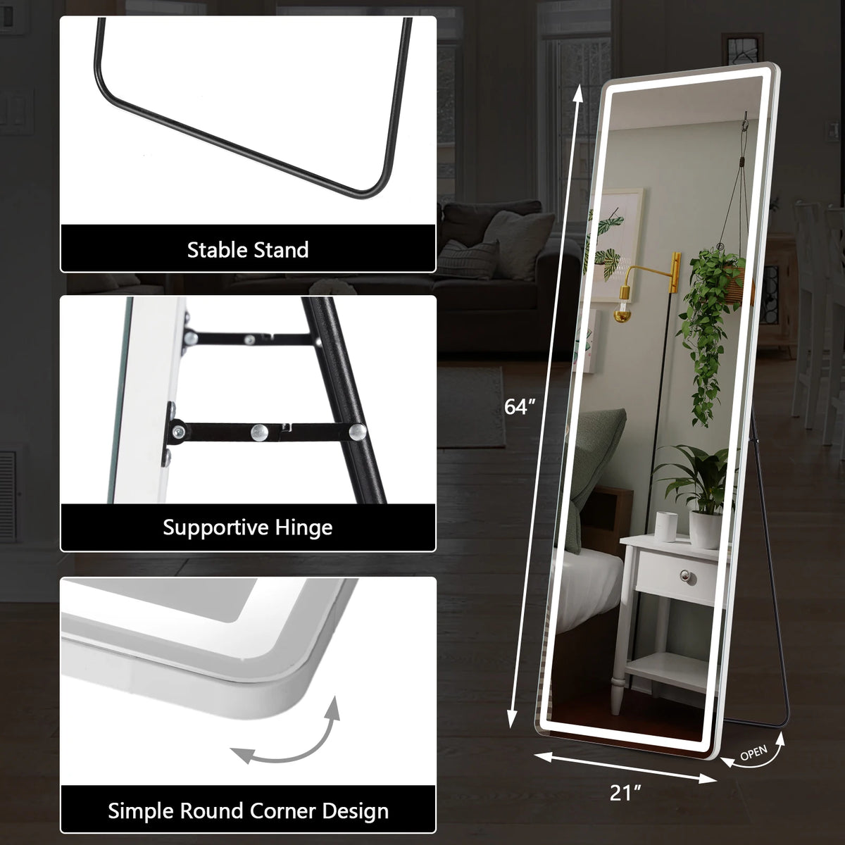 miroir pied moderne éclairage led blanc noir minimalisteintérieur