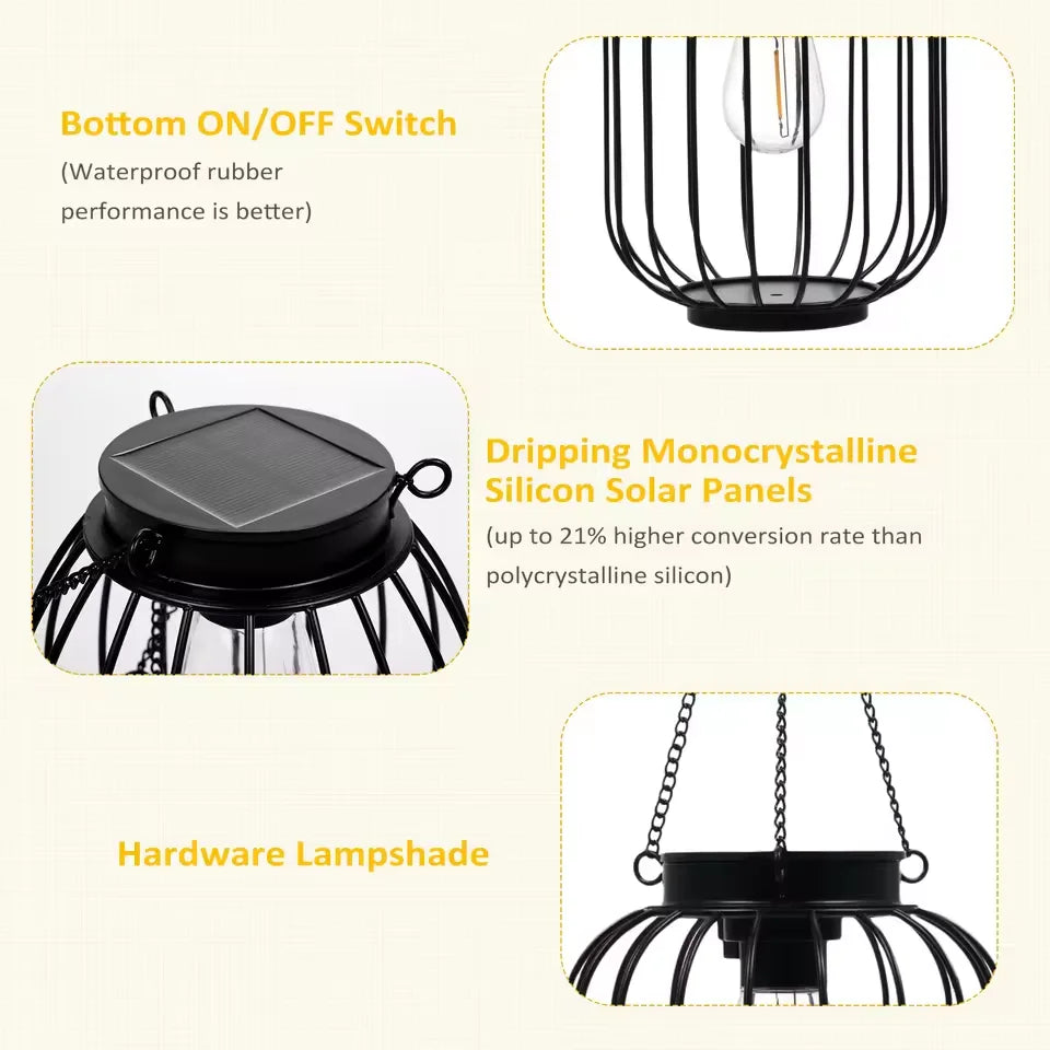 lanterne solaire vintage cage métallique noire ampoule led panneau solaireextérieur autoinstallation modes lumière jardin