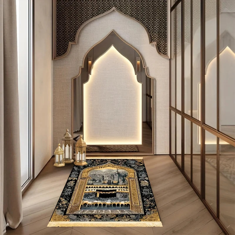 tapis prière rétro noir doré mosquée ornements floral polyester résistant décoloration usage multipleextérieurintérieur