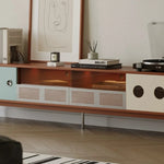 meuble bas tv console mid century bois tiroir étagère murale transparente