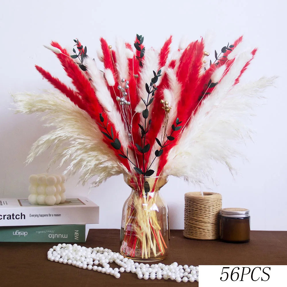 bouquet dried flowers naturel rouges blancs vase beige decoration maison anniversaire fete
