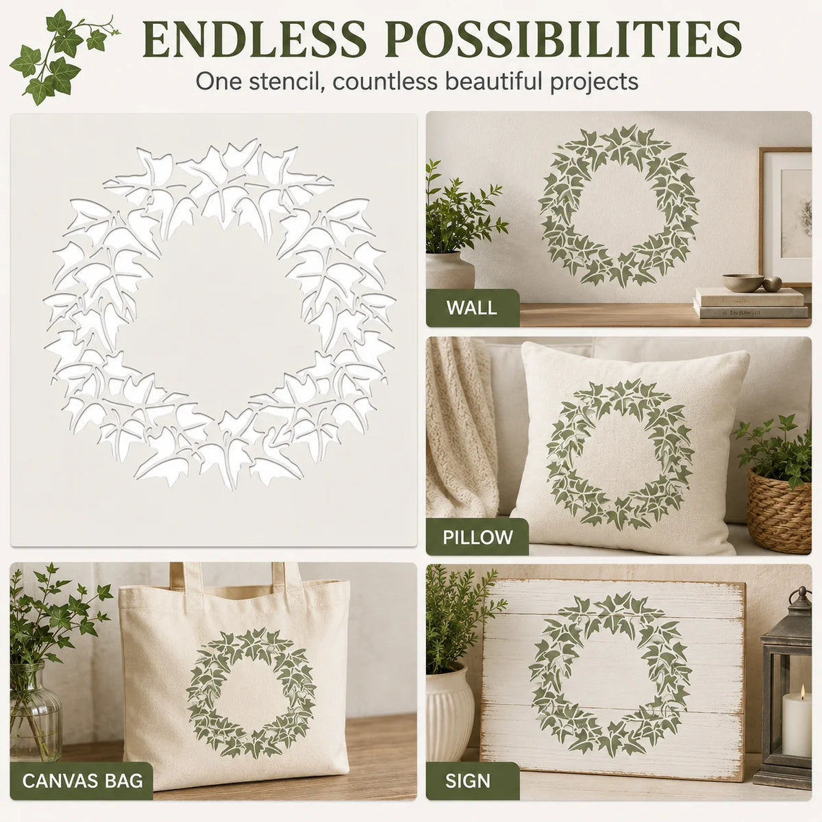 feuilles lierre blanches moderne guirlande réutilisable 30cm 30cm décoration peinture tissu toile artisanat