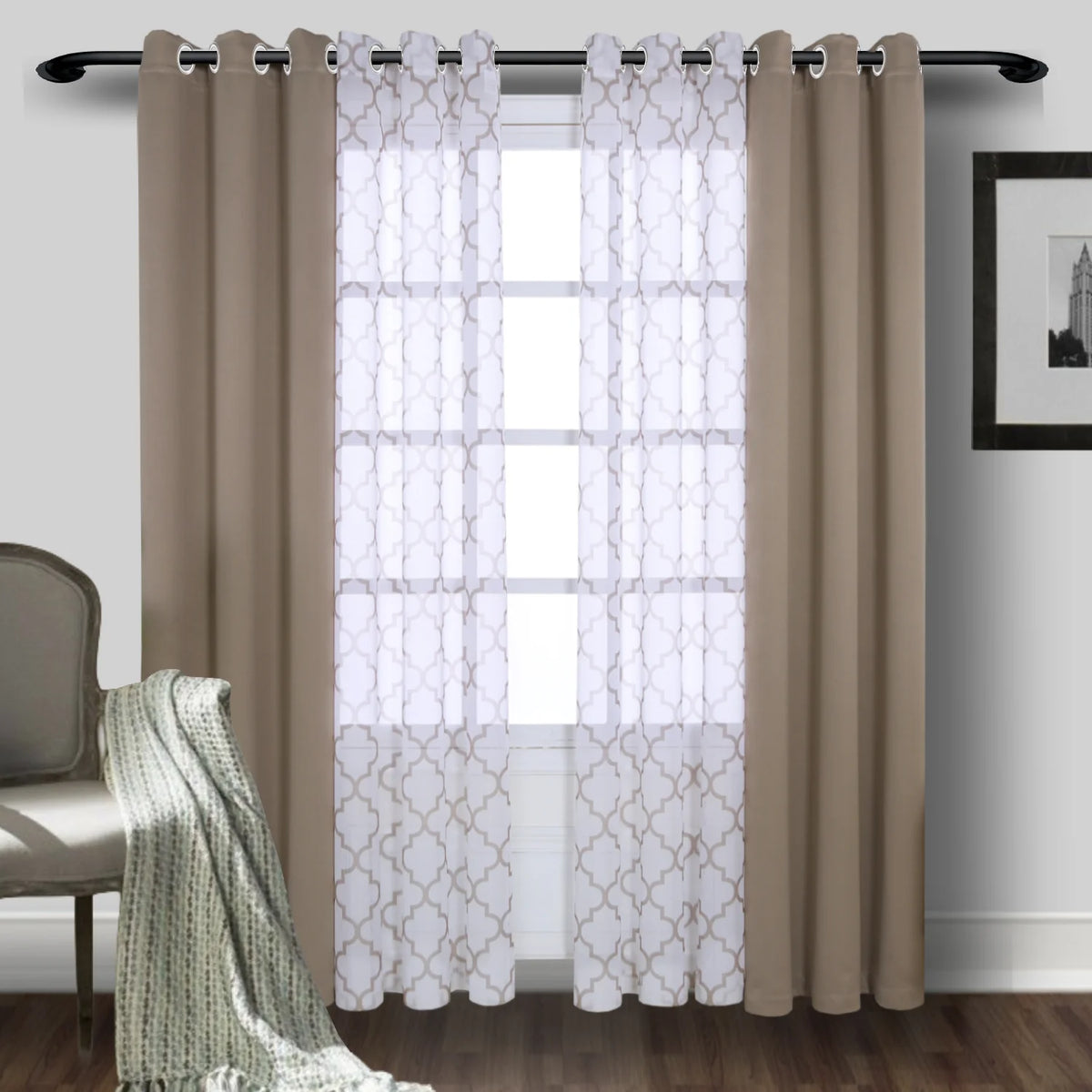 rideau moderne polyester motif géométrique bleu marine gris translucide opaque pièces chambre salon