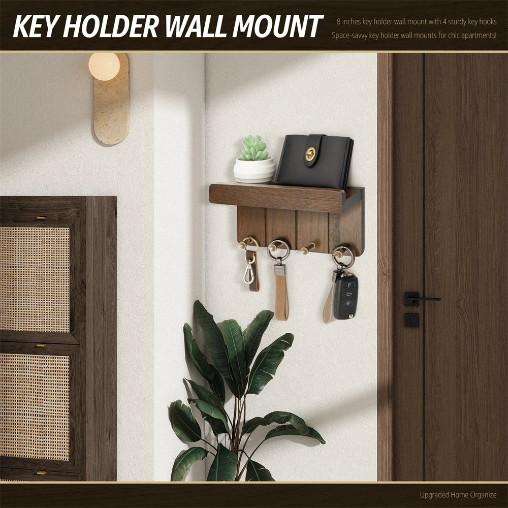 porte clés mural bois crochets étagère moderne minimaliste marron foncé succulentes porte monnaie