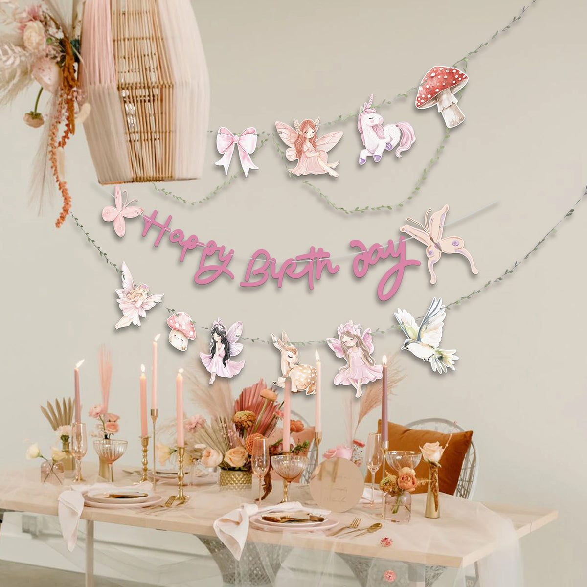 guirlande happy birthday fées lapin papillons arc licorne aquarelle enfantine féerique pastel