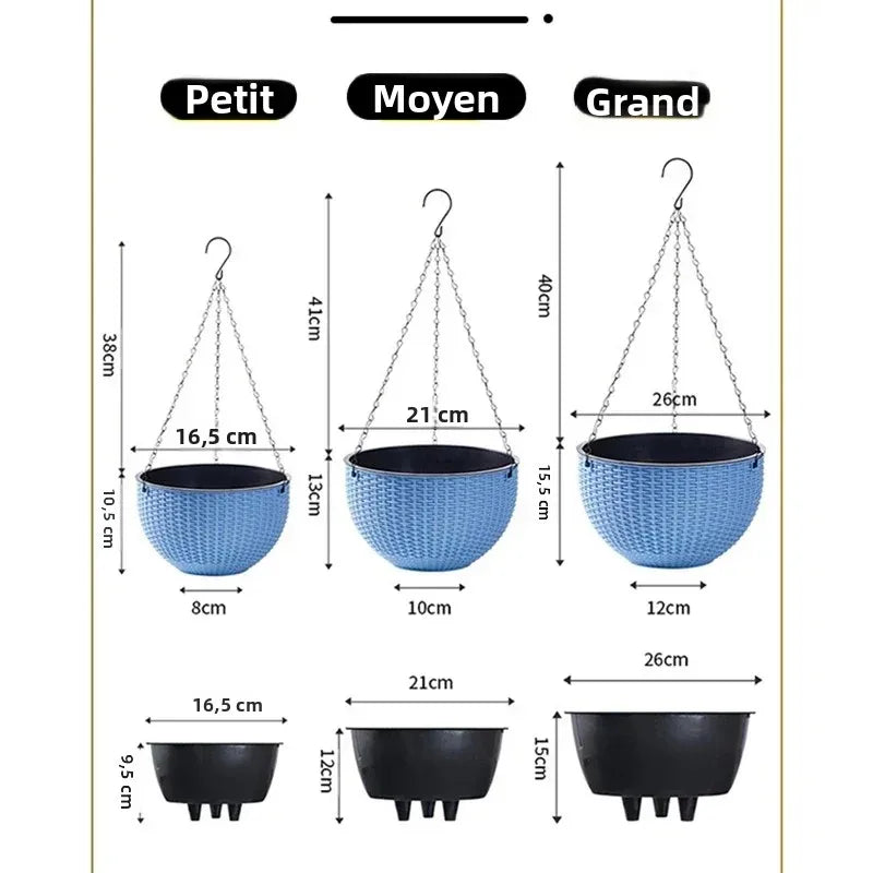 pots suspendus tressés noir blanc bleu moderne crochet chaine cloison autoarrosant