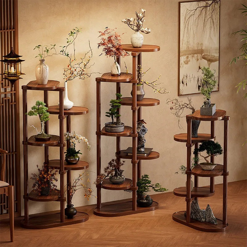 étagère plantes bois moderne niveaux marron foncé vases sculptures minimalisteintérieur