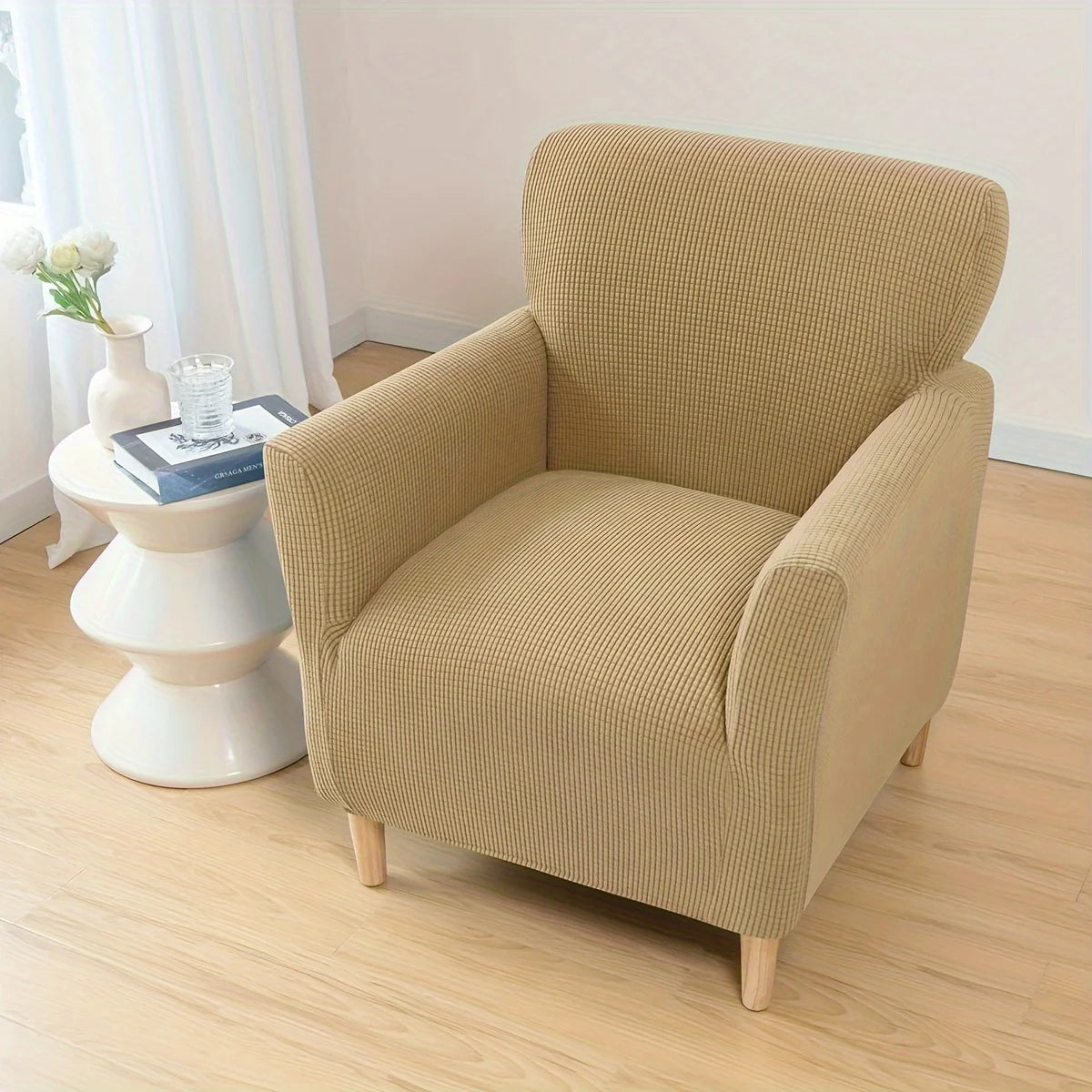 housse fauteuil jacquard carreaux moderne bleu beige gris extensible adhésif