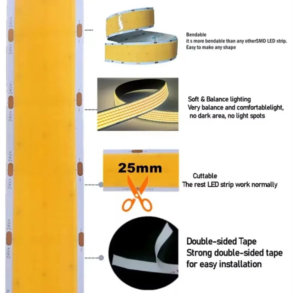ruban led cob flexible 24v blanc chaud naturel froid rétroéclairage tv intérieur chambre