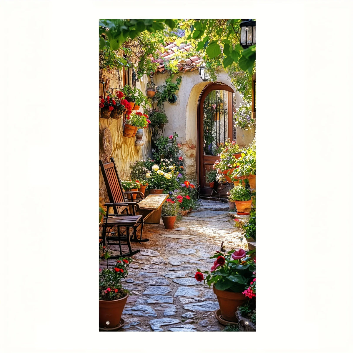 décoration murale jardin fleuri porte bois allée pavée anniversaire mariage événementextérieur festive
