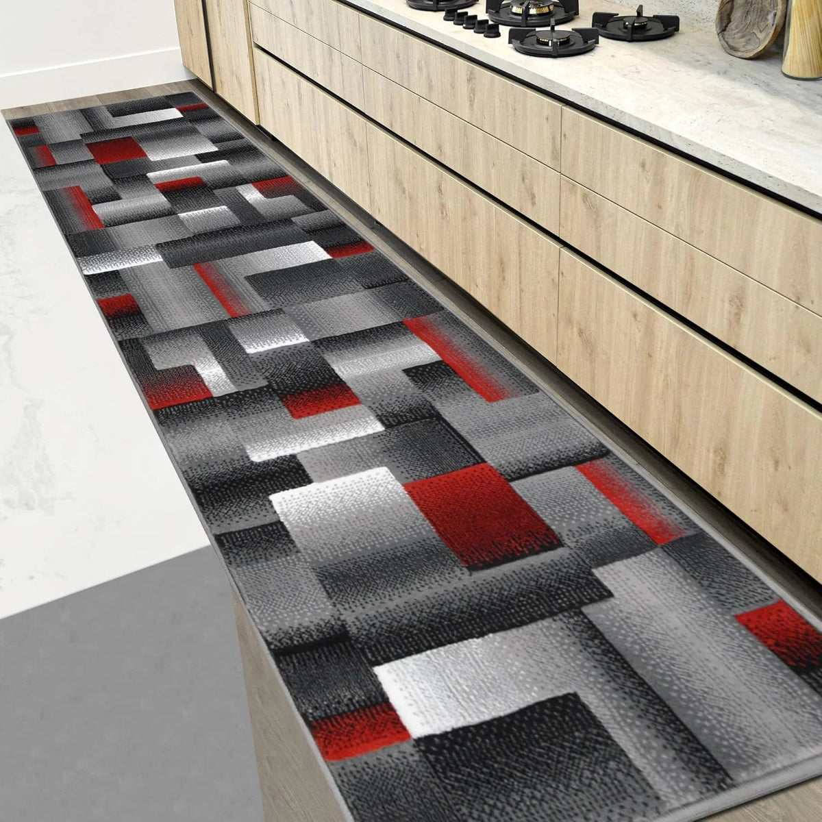 tapis moderne géométrique gris rouge vert chambre salon contemporain usage multiple