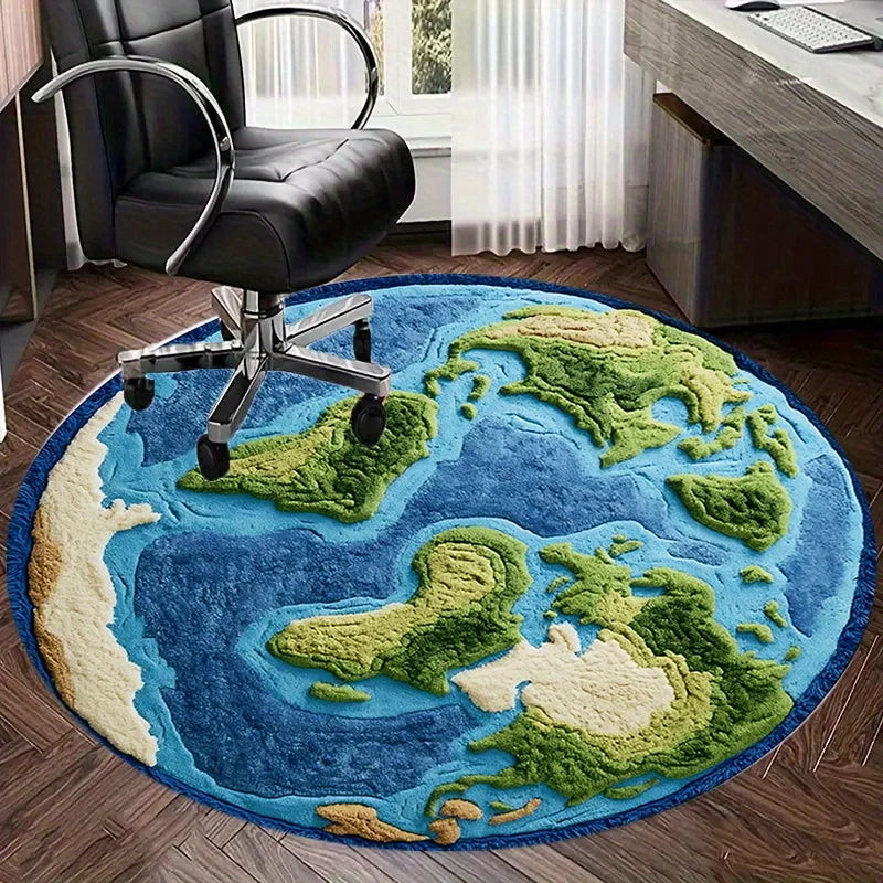tapis rond relief 3d continents bleu vert beige moderne antidérapant polyester insonorisation chambre