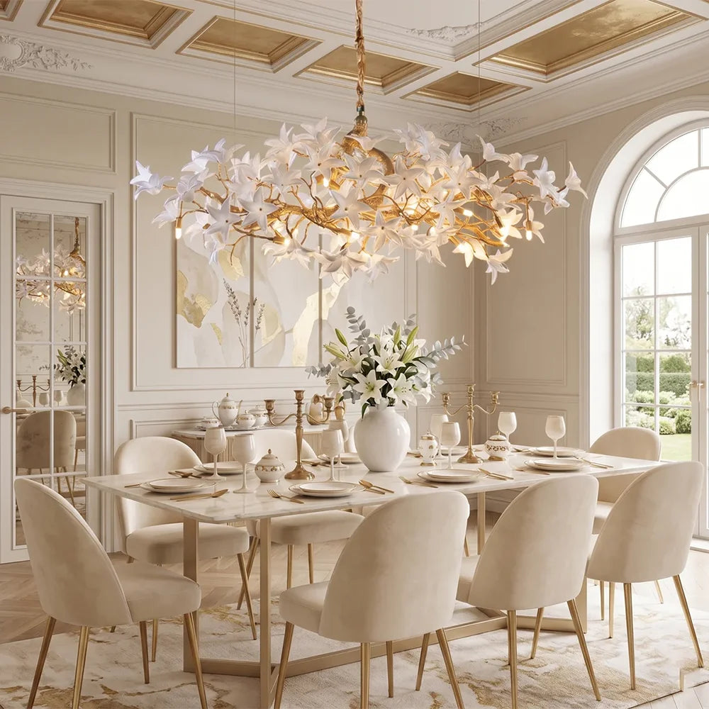 lustre suspendu classique doré blanc fleurs stylisées 160cm 180cm 200cm lumière chaude neutre lumière