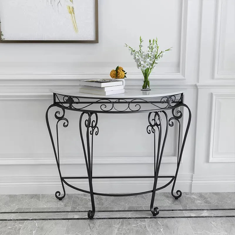 console meuble demi lune or marbre floral classique vintage blanc noir ornementé
