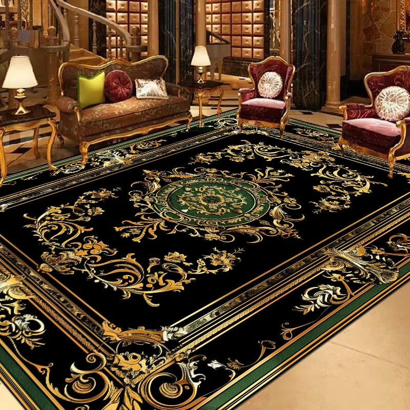Un magnifique salon richement décoré avec des meubles luxueux et un tapis aux motifs dorés et floraux sur un fond noir élégant.