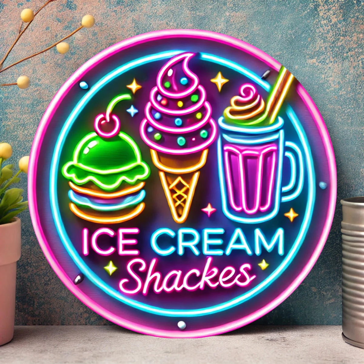 plaque publicitaire lumineuse multicolore cornet glace hamburger cocktail neon art fixations vis
