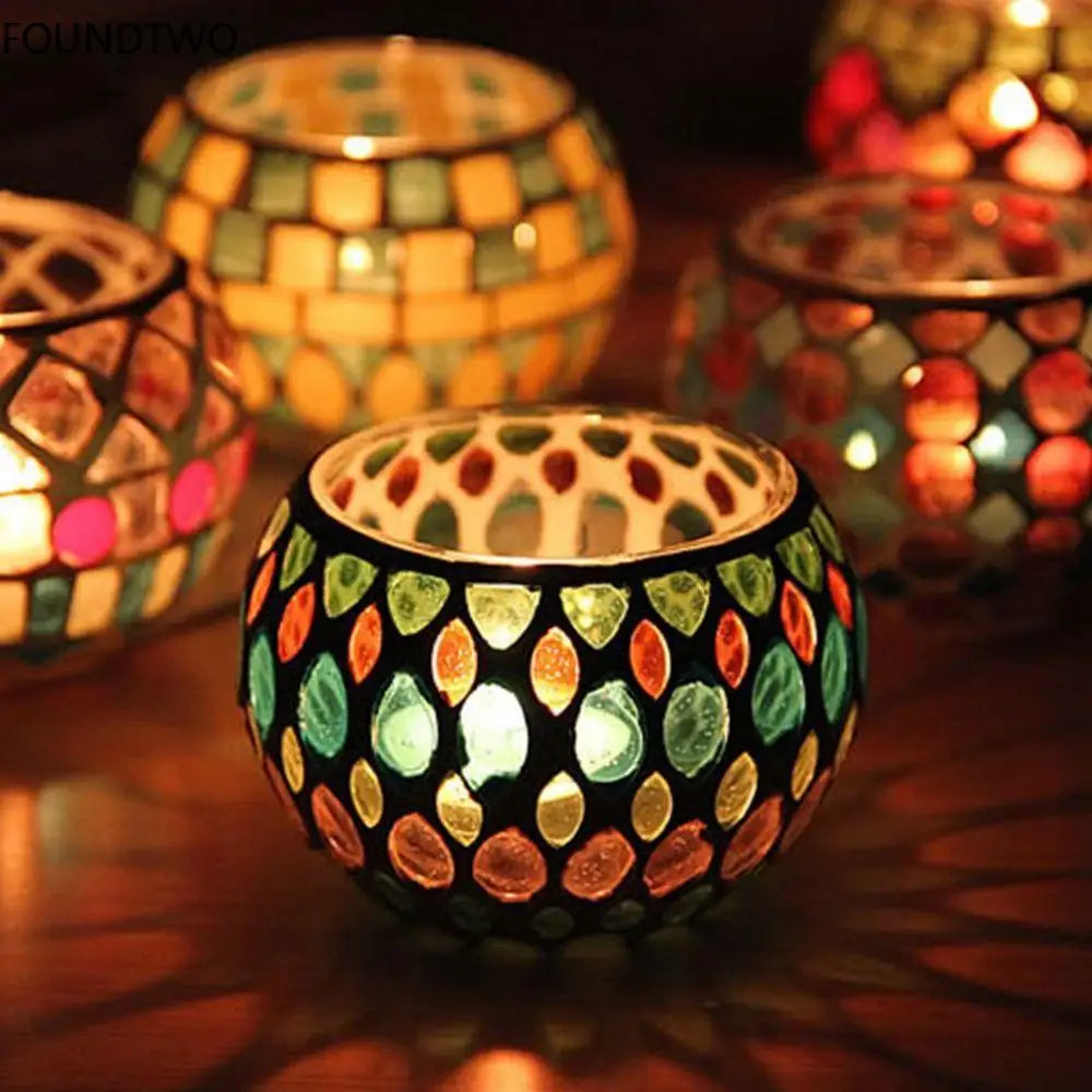 bougeoir mosaïque verre artisanal vert orange rouge blanc décoration maison table