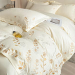 ensemble literie classique broderie florale dorée 100% coton bleu clair rose pâle gris clair