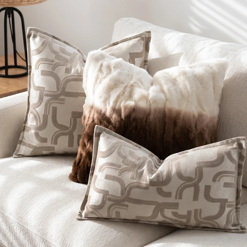 housse coussin jacquard géométrique polyester beige marron contemporain décoratif maison voiture