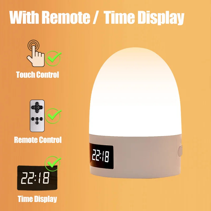 lampe chevet rechargeable led beige blanche ombre douce minimaliste affichage heure télécommande port usb