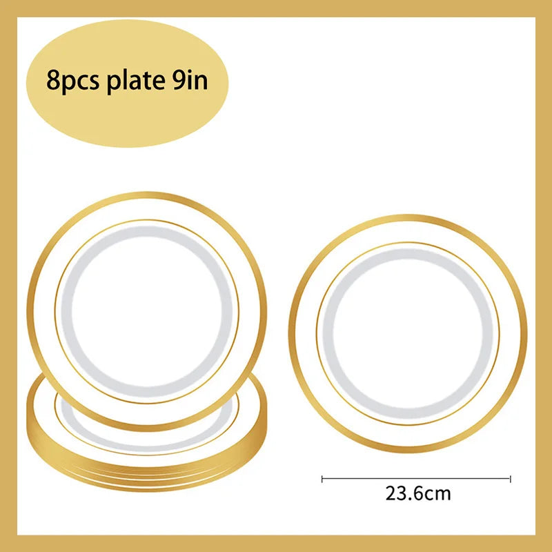 assiettes dorées blanc verres serviettes nappe mariage anniversaire fêtes occasions festives