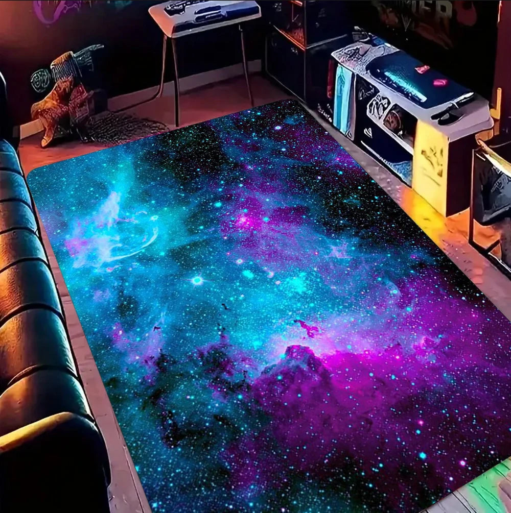 tapis salon chambre moderne motif galaxie étoiles nébuleuse violet bleu rose décoratif grand