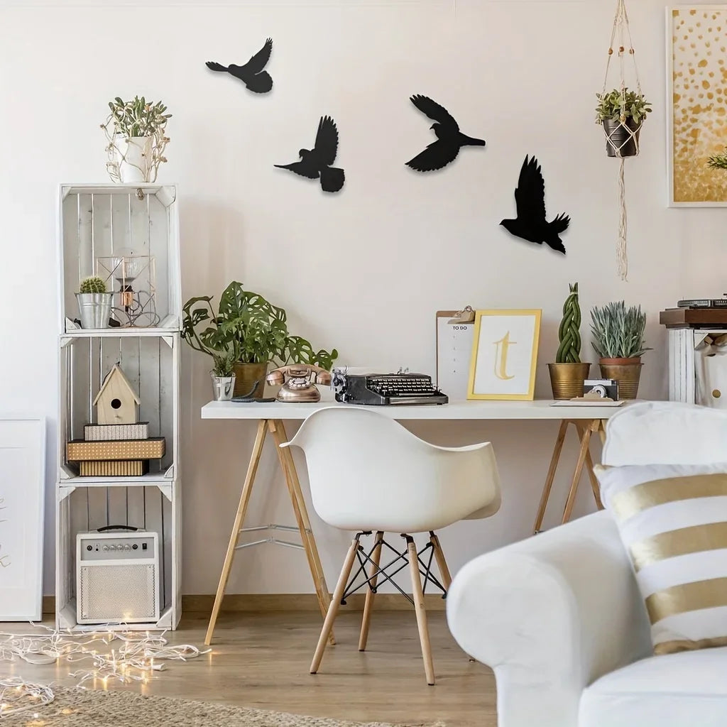 décoration murale moderne oiseaux silhouettes métal noir adhésif intérieur chambre salon simple élégant