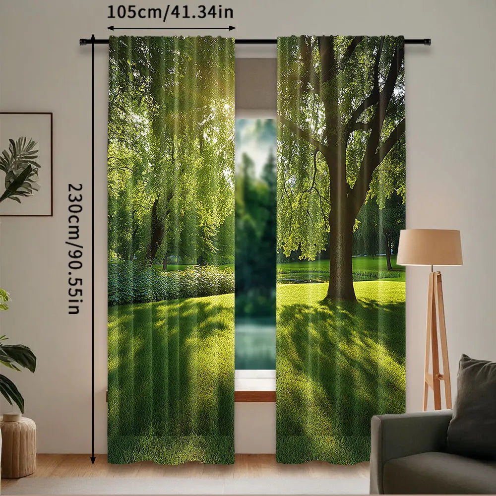 rideau vert paysager polyester extérieur deux panneaux arbres lumière naturel décoratif plissé vertical