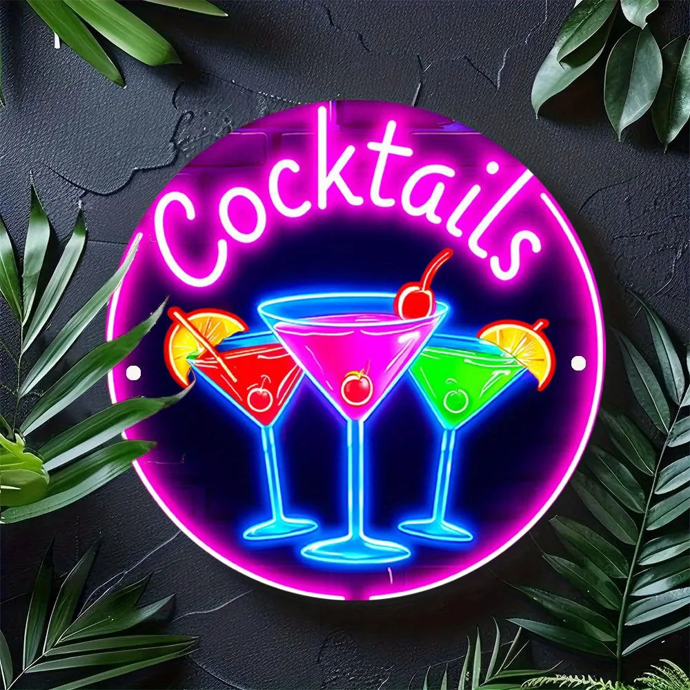 panneau bois enseigne lumineuse cocktails cerises citrons occasionnel rose bleu vert noir okolets