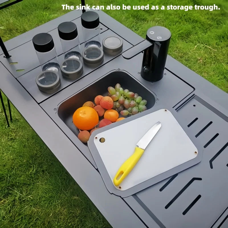 table camping évier intégré planche découpe moderne noir durable aluminium multifonctionnelleextérieur préparation culinaire