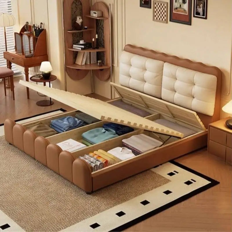 lit moderne simili cuir capitonné beige marron noir tiroirs intégrés