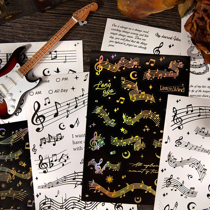 sticker musical vintage noir doré lettres notes floraux décoration journal 100x150mm