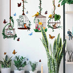 sticker mural oiseaux cage papillons fleurs décoratif adhésif vert jaune rouge bleu