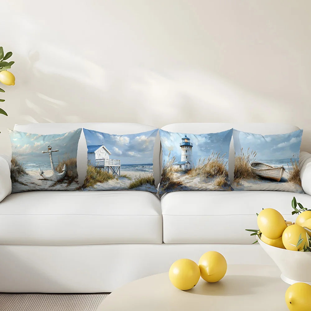coussin decoratif plage phare bateau ancre ciel nuageux bleu blanc vert maison pilotisintérieur polyester