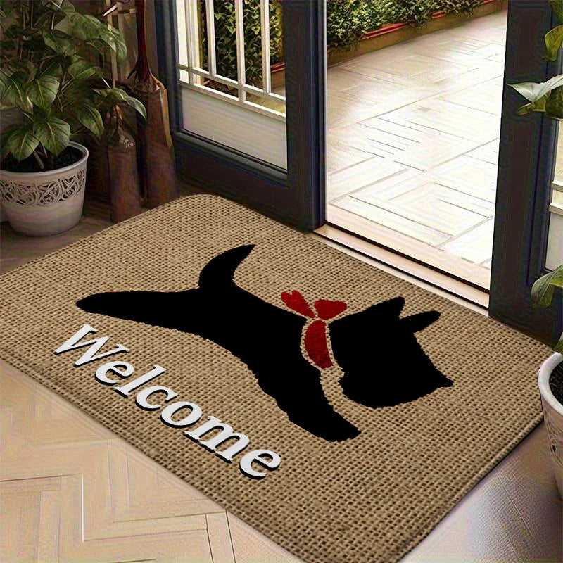 tapis d'entrée moderne motif chien noir écharpe rouge fond beige antidérapant polyester