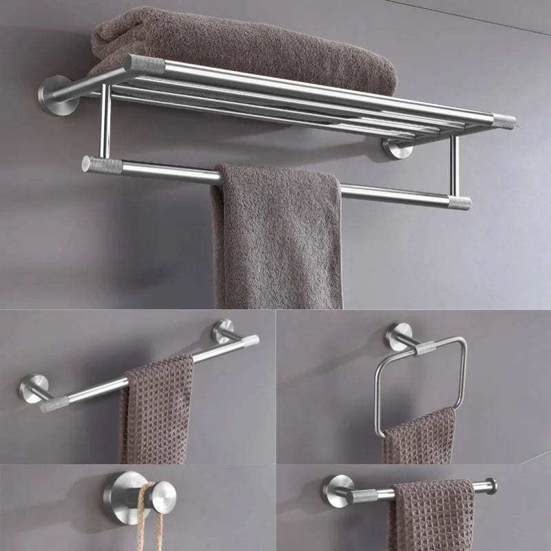 ensemble accessoires salle bain porte serviettes mural métal argenté moderne finition nickel brossé