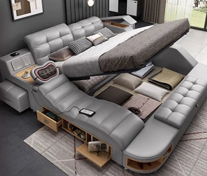 lit multifonctionnel moderne gris clair simili cuir tapis coussins rangement sous lit