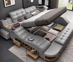 lit multifonctionnel moderne gris clair simili cuir tapis coussins rangement sous lit