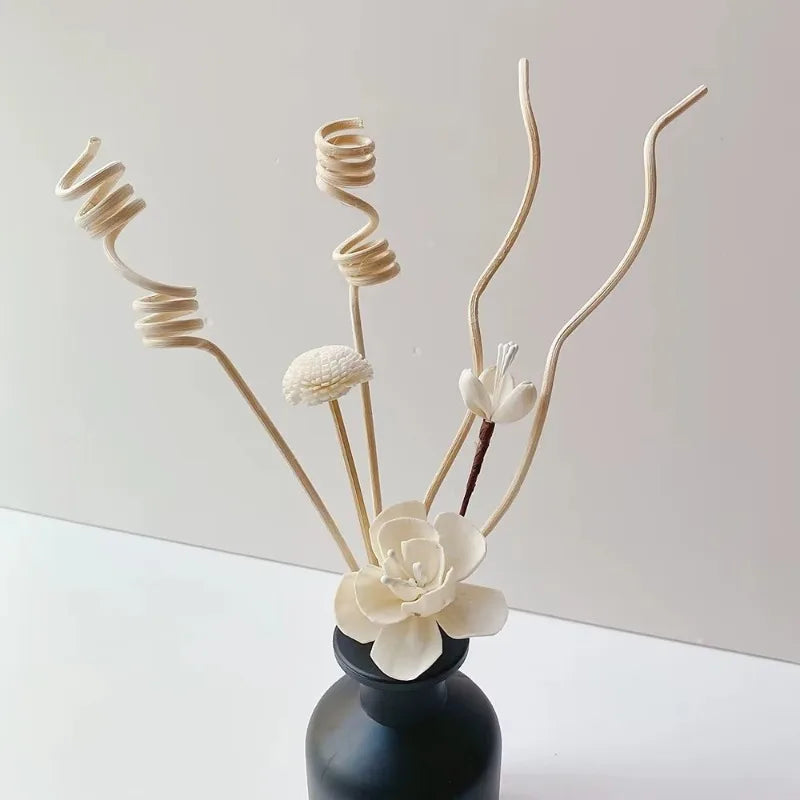 diffuseur huiles essentielles tiges spirales fleurs blanches moderne minimalisteintérieur décoration noir beige
