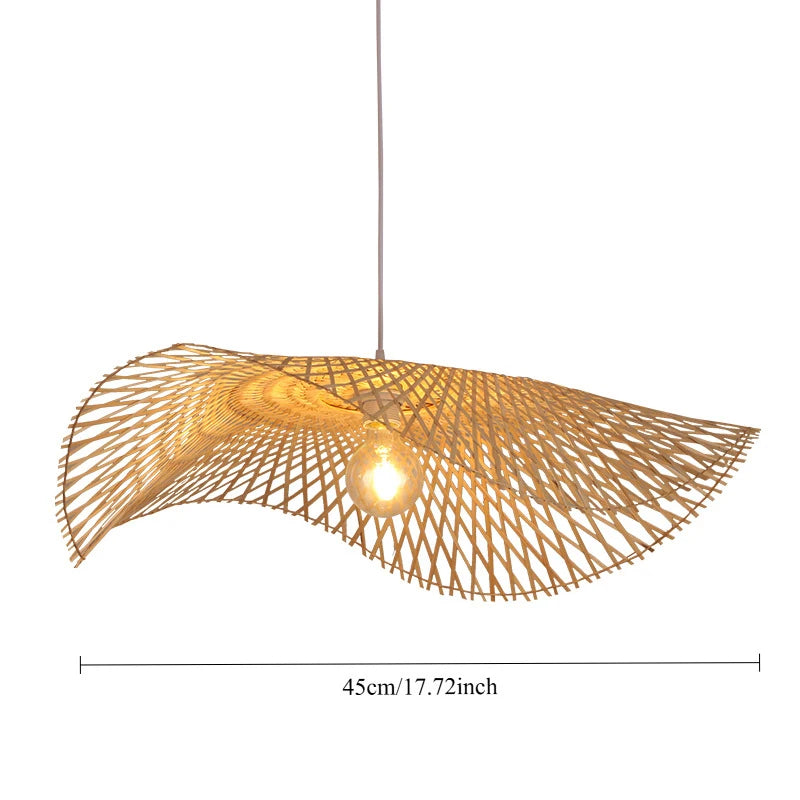 lampe suspendue bambou tissage moderne ampoule led chaîne métallique naturelle beige clair geometrique